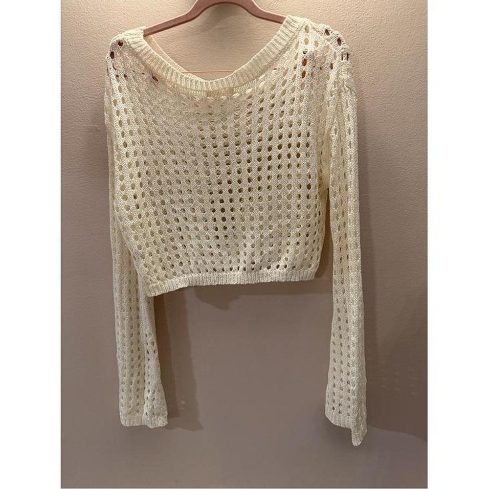 Cream Open Knit Cropped Sweater Long Sleeve Pointelle Crochet Top Small